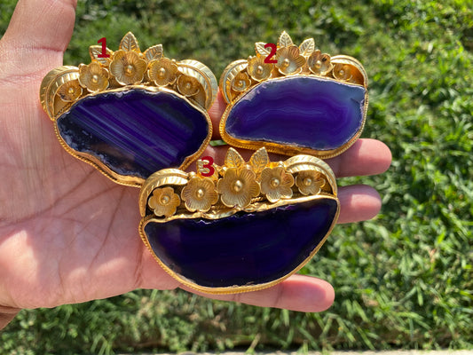 Large Colorful Slice Agate Pendant, 18K Brushed Gold Overlay, Flower Design Pendant For Necklace, Healing Crystal Jewelry, Druzy Agate Slice