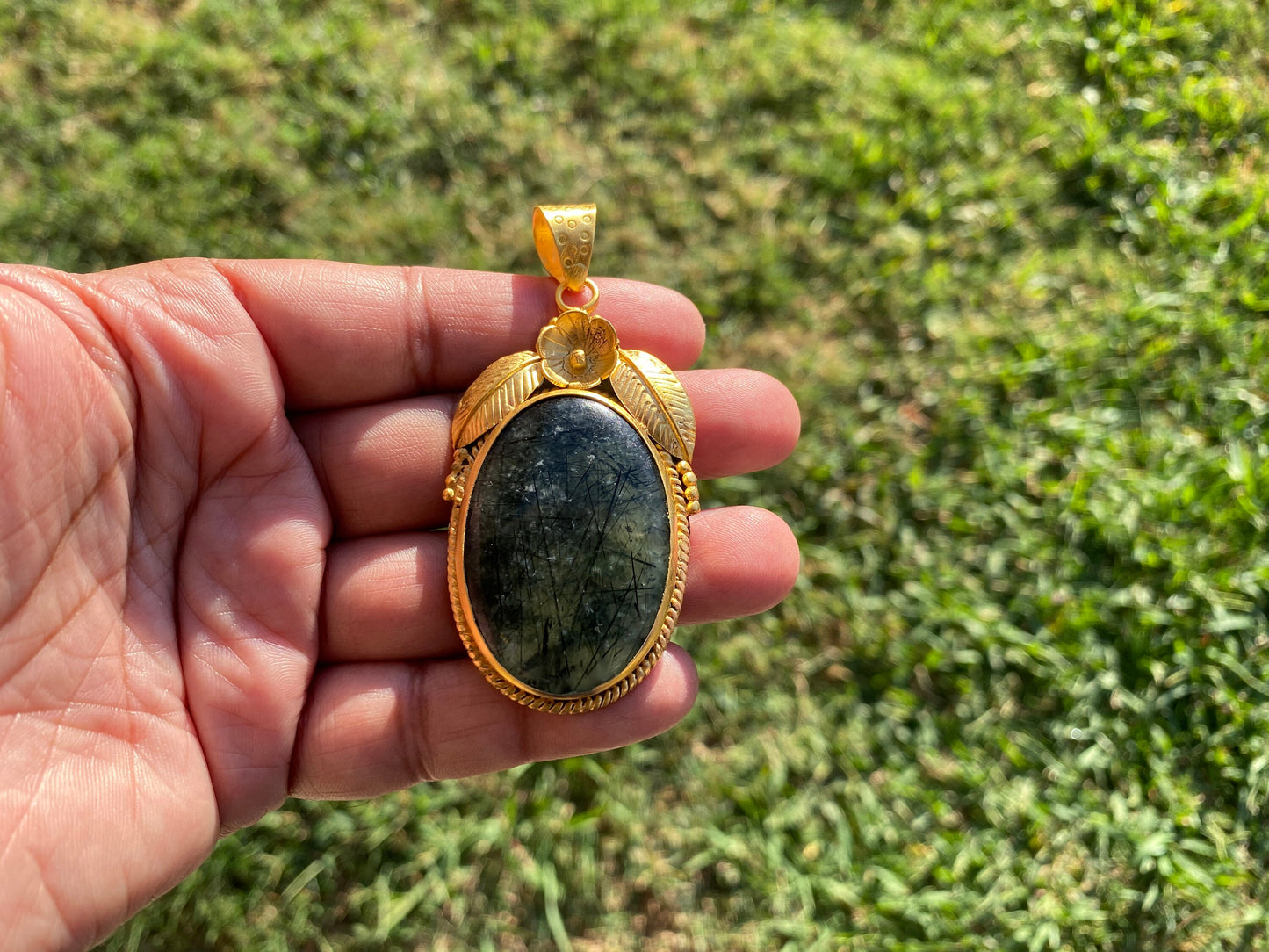 Large Fluorite  Natural Stone Pendant, Non Tarnish Brushed Gold Overlay, Spiritual Talisman, Energy Amplifier, Mystical Aura, Vibrant Gem