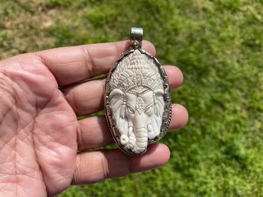 Large Ganesh Hand carved Bone Tibetan Silver Pendant, Buffalo Bone, Yoga Pendant, Religious Spiritual Pendant, for Men or Women, Hindu God