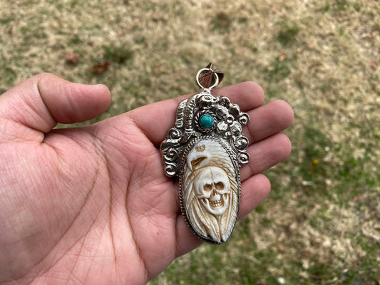 Large Skull with Eagle Carved Buffalo  Bone Turquoise Tibetan Silver Pendant, Unisex Skull Pendant, Jewelry for Men or Women, Sugar Skull