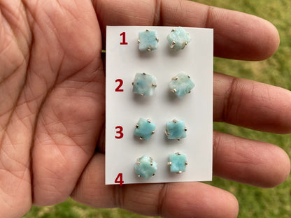 Tiny Rough Larimar Sterling Silver Stud Earrings, Larimar Earring, Larimar Jewelry, Raw Larimar Stone, Raw Larimar Slab, Raw Larimar Crystal