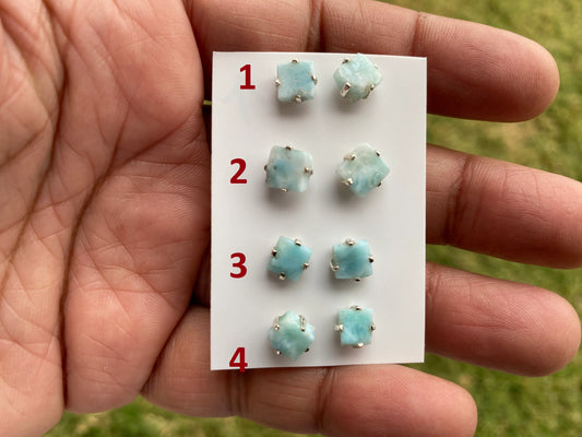 Tiny Rough Larimar Sterling Silver Stud Earrings, Larimar Earring, Larimar Jewelry, Raw Larimar Stone, Raw Larimar Slab, Raw Larimar Crystal