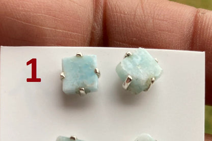 Tiny Rough Larimar Sterling Silver Stud Earrings, Larimar Earring, Larimar Jewelry, Raw Larimar Stone, Raw Larimar Slab, Raw Larimar Crystal