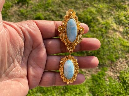 Larimar Natural Stone Brushed Gold Pendant, Non Tarnish Gold Overlay, Jewelry for Women, Ethnic Jewelry, Energy Stone Pendant, Blue Stone