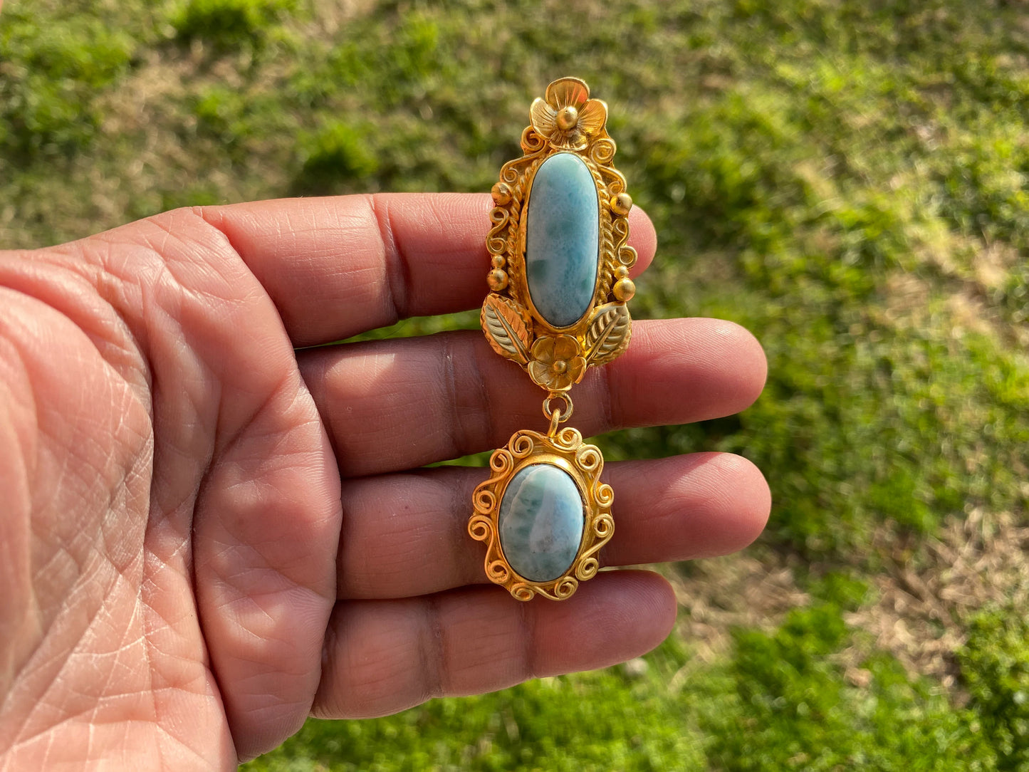 Larimar Natural Stone Brushed Gold Pendant, Non Tarnish Gold Overlay, Jewelry for Women, Ethnic Jewelry, Energy Stone Pendant, Blue Stone