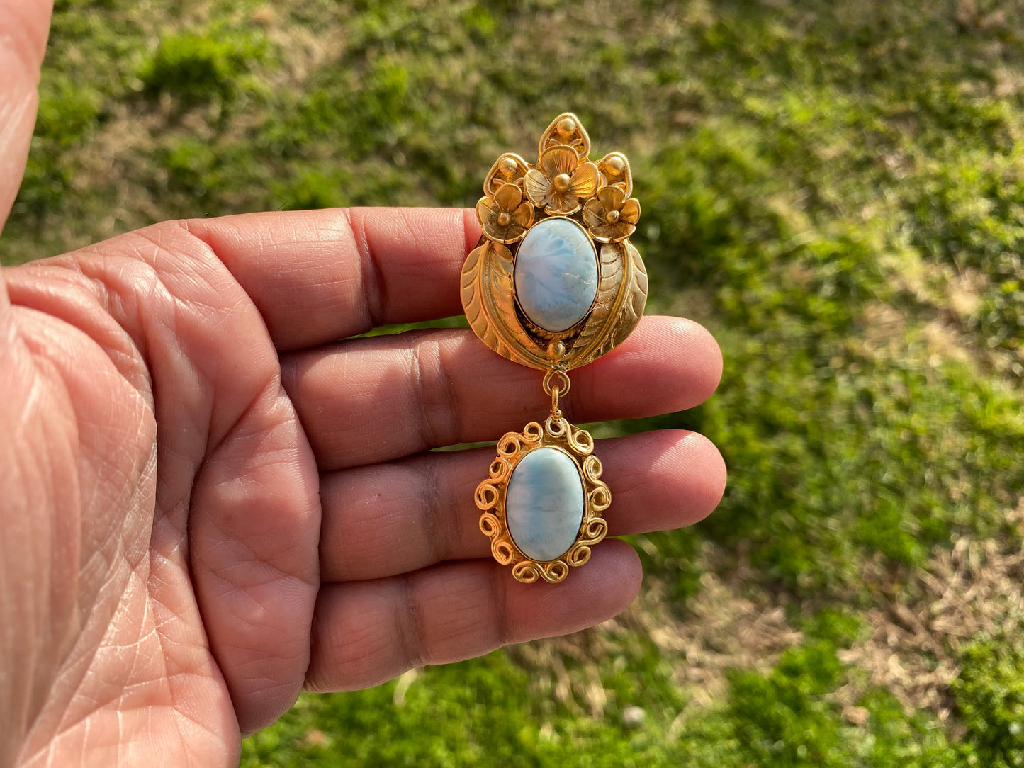 Larimar Natural Stone Brushed Gold Pendant, Non Tarnish Gold Overlay, Jewelry for Women, Ethnic Jewelry, Energy Stone Pendant, Blue Stone