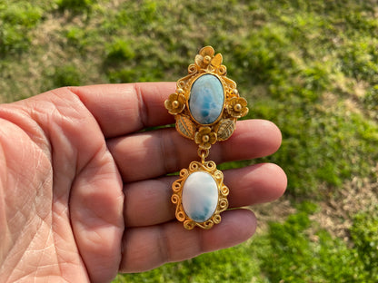 Larimar Natural Stone Brushed Gold Pendant, Non Tarnish Gold Overlay, Jewelry for Women, Ethnic Jewelry, Energy Stone Pendant, Blue Stone