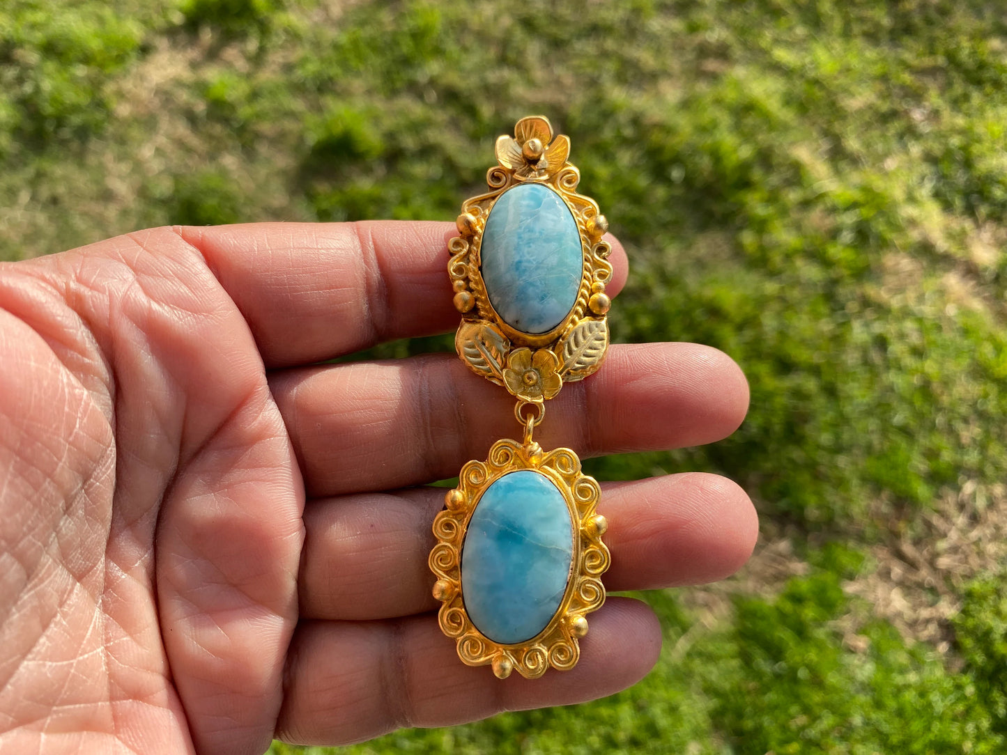 Larimar Natural Stone Brushed Gold Pendant, Non Tarnish Gold Overlay, Jewelry for Women, Ethnic Jewelry, Energy Stone Pendant, Blue Stone