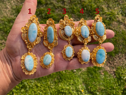 Larimar Natural Stone Brushed Gold Pendant, Non Tarnish Gold Overlay, Jewelry for Women, Ethnic Jewelry, Energy Stone Pendant, Blue Stone
