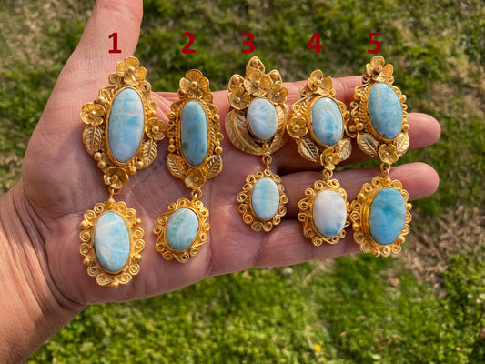 Larimar Natural Stone Brushed Gold Pendant, Non Tarnish Gold Overlay, Jewelry for Women, Ethnic Jewelry, Energy Stone Pendant, Blue Stone