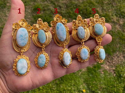 Larimar Natural Stone Gold Pendant, Non Tarnish Brushed Gold Overlay, Jewelry for Women, Ethnic Jewelry, Ocean Blue Stone, Throat Chakra