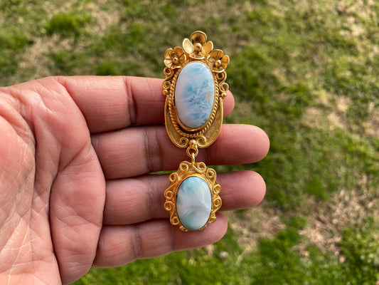 Larimar Natural Stone Gold Pendant, Non Tarnish Brushed Gold Overlay, Jewelry for Women, Ethnic Jewelry, Ocean Blue Stone, Throat Chakra