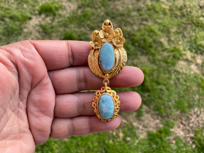 Larimar Natural Stone Gold Pendant, Non Tarnish Brushed Gold Overlay, Jewelry for Women, Ethnic Jewelry, Ocean Blue Stone, Throat Chakra