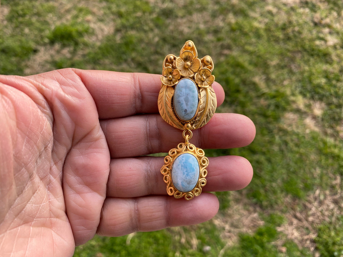 Larimar Natural Stone Gold Pendant, Non Tarnish Brushed Gold Overlay, Jewelry for Women, Ethnic Jewelry, Ocean Blue Stone, Throat Chakra