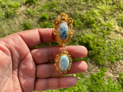 Larimar Natural Stone Gold Pendant, Non Tarnish Brushed Gold Overlay, Jewelry for Women, Ethnic Jewelry, Ocean Blue Stone, Throat Chakra