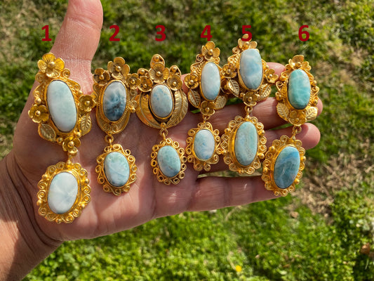Larimar Natural Stone Gold Pendant, Non Tarnish Brushed Gold Overlay, Jewelry for Women, Ethnic Jewelry, Ocean Blue Stone, Throat Chakra
