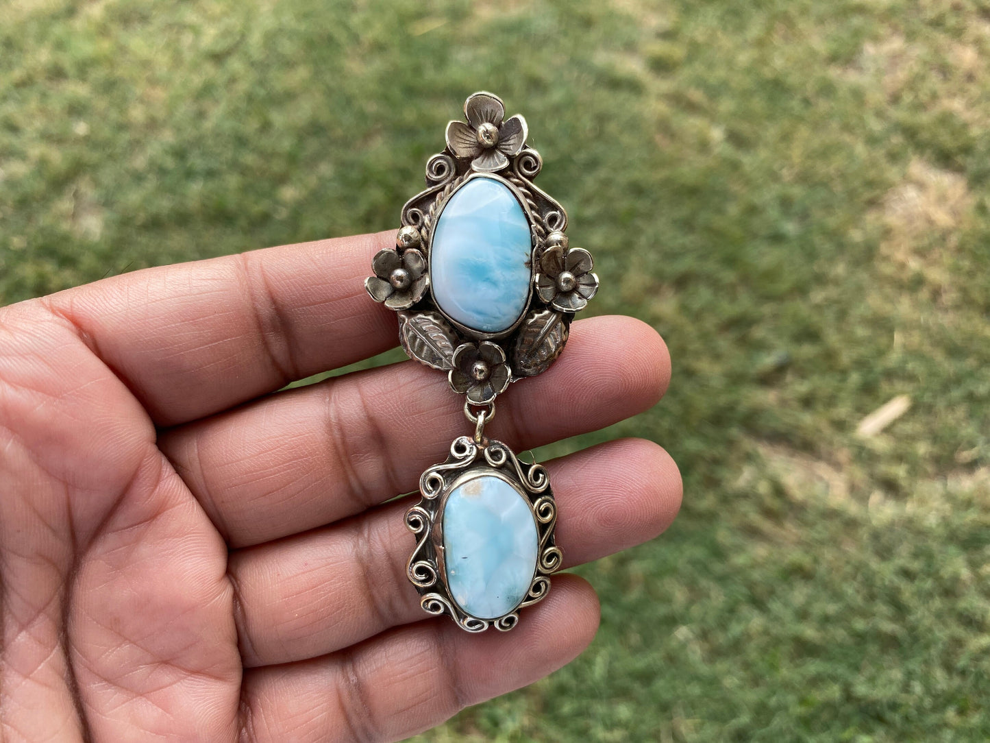 Larimar Natural Stone Tibetan Silver Pendant, Jewelry for Women, Ethnic Jewelry, Energy Stone Pendant, Birthstone, Hill Tribe, Antique Style
