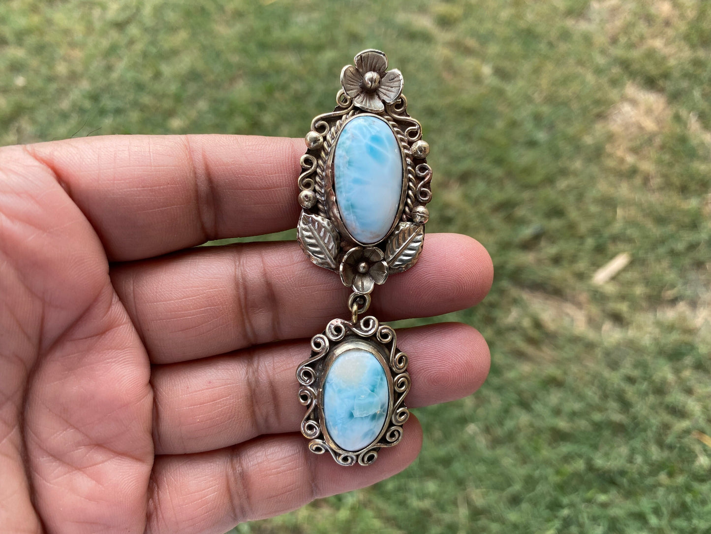 Larimar Natural Stone Tibetan Silver Pendant, Jewelry for Women, Ethnic Jewelry, Energy Stone Pendant, Birthstone, Hill Tribe, Antique Style