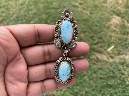 Larimar Natural Stone Tibetan Silver Pendant, Jewelry for Women, Ethnic Jewelry, Energy Stone Pendant, Birthstone, Hill Tribe, Antique Style