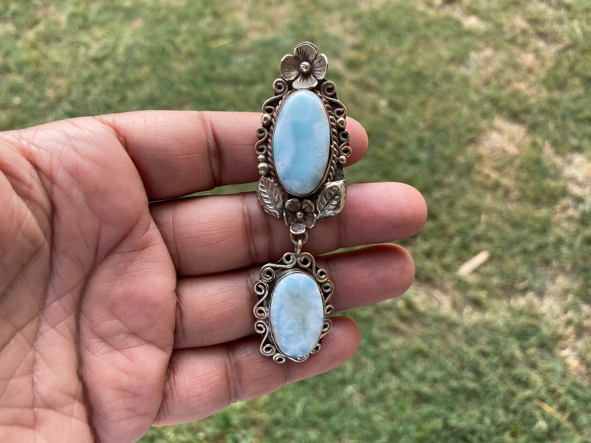 Larimar Natural Stone Tibetan Silver Pendant, Jewelry for Men or Women, Ethnic Jewelry, Energy Stone Pendant, Birthstone, Hill Tribe, Boho