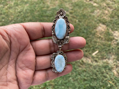 Larimar Natural Stone Tibetan Silver Pendant, Jewelry for Men or Women, Ethnic Jewelry, Energy Stone Pendant, Birthstone, Hill Tribe, Boho