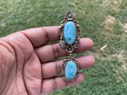 Larimar Natural Stone Tibetan Silver Pendant, Jewelry for Men or Women, Ethnic Jewelry, Energy Stone Pendant, Birthstone, Hill Tribe, Boho