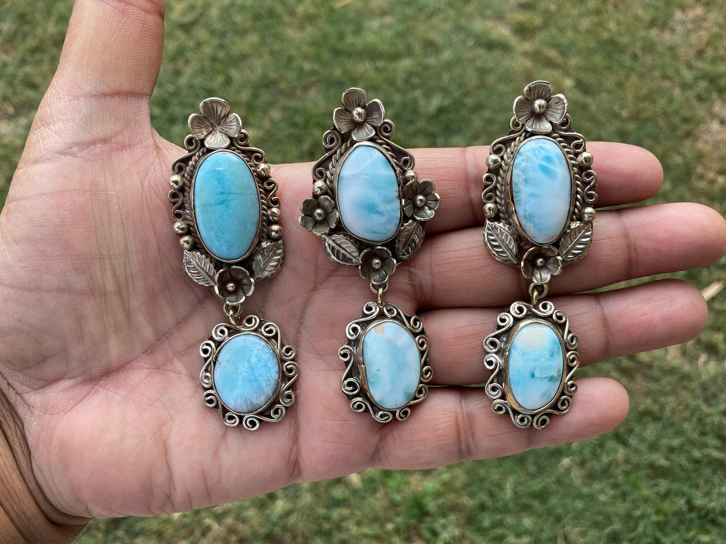 Larimar Natural Stone Tibetan Silver Pendant, Jewelry for Women, Ethnic Jewelry, Energy Stone Pendant, Birthstone, Hill Tribe, Antique Style