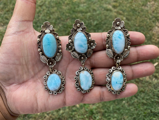 Larimar Natural Stone Tibetan Silver Pendant, Jewelry for Women, Ethnic Jewelry, Energy Stone Pendant, Birthstone, Hill Tribe, Antique Style
