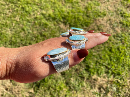 Larimar Two Tone Big Adjustable Ring, Brushed Gold & Silver Overlay, Natural Gemstone Ring, Statement Ring, Bridesmaid Gift, Hammered Ring