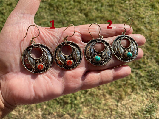 Light Weight Coral or Turquoise Stone Tibetan Silver Earrings, Birthstone Earring, Birthday Gift, Dangle Earrings, Bridesmaid Jewelry