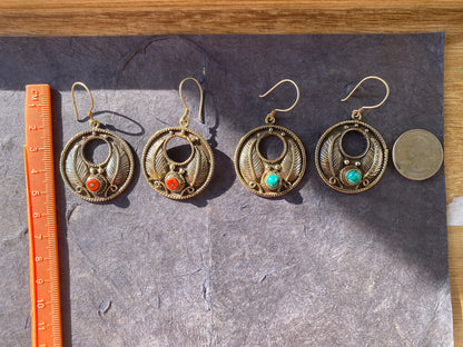 Light Weight Coral or Turquoise Stone Tibetan Silver Earrings, Birthstone Earring, Birthday Gift, Dangle Earrings, Bridesmaid Jewelry