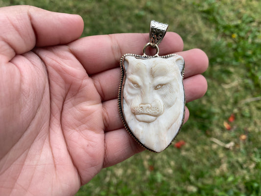 Lion Head Carved Bone Tibetan Silver Pendant, Wildlife Animal Jewelry, Animal Lovers Pendant, African Safari Jewelry, Gift for Men, Big Cat
