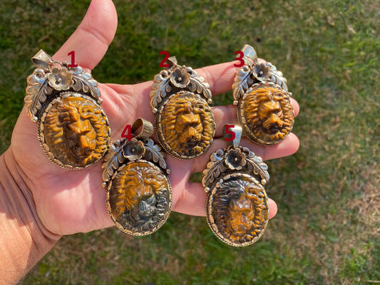 Lion Head Tiger Eye Natural Stone Tibetan Silver Pendant, Hand Carved Lion Pendant, Animal Lover's Jewelry, Crystal Pendant, Animal Pendant