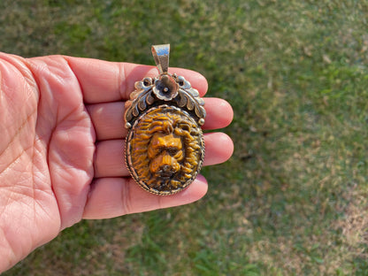 Lion Head Tiger Eye Natural Stone Tibetan Silver Pendant, Hand Carved Lion Pendant, Animal Lover's Jewelry, Crystal Pendant, Animal Pendant