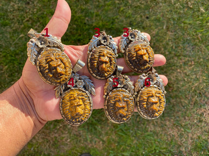 Lion Head Tiger Eye Natural Stone Tibetan Silver Pendant, Hand Carved Lion Pendant, Animal Lover's Jewelry, Crystal Pendant, Animal Pendant