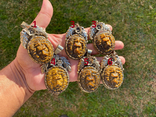 Lion Head Tiger Eye Natural Stone Tibetan Silver Pendant, Hand Carved Lion Pendant, Animal Lover's Jewelry, Crystal Pendant, Animal Pendant
