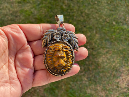 Lion Head Tiger Eye Natural Stone Tibetan Silver Pendant, Hand Carved Lion Pendant, Animal Lover's Jewelry, Crystal Pendant, Animal Pendant
