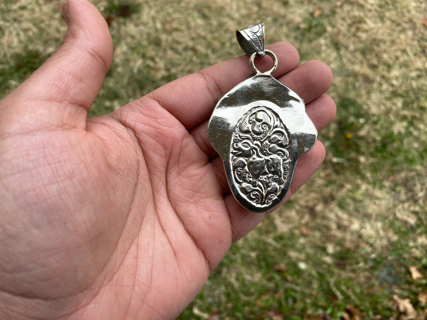 Lion with Om Bone Carved Tibetan Silver Pendant, Wildlife Jewelry, Sacred Spiritual Symbol, Sound of The Universe, Animal Lover's Jewelry