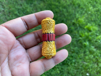 Long 18K Brushed Gold Overlay Non Tarnish Tibetan Bead with Coral, Guru Bead, Focal, Center Bead, Beads for Necklace, Himalayan Bead, Ethnic