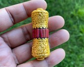 Long 18K Brushed Gold Overlay Non Tarnish Tibetan Bead with Coral, Guru Bead, Focal, Center Bead, Beads for Necklace, Himalayan Bead, Ethnic