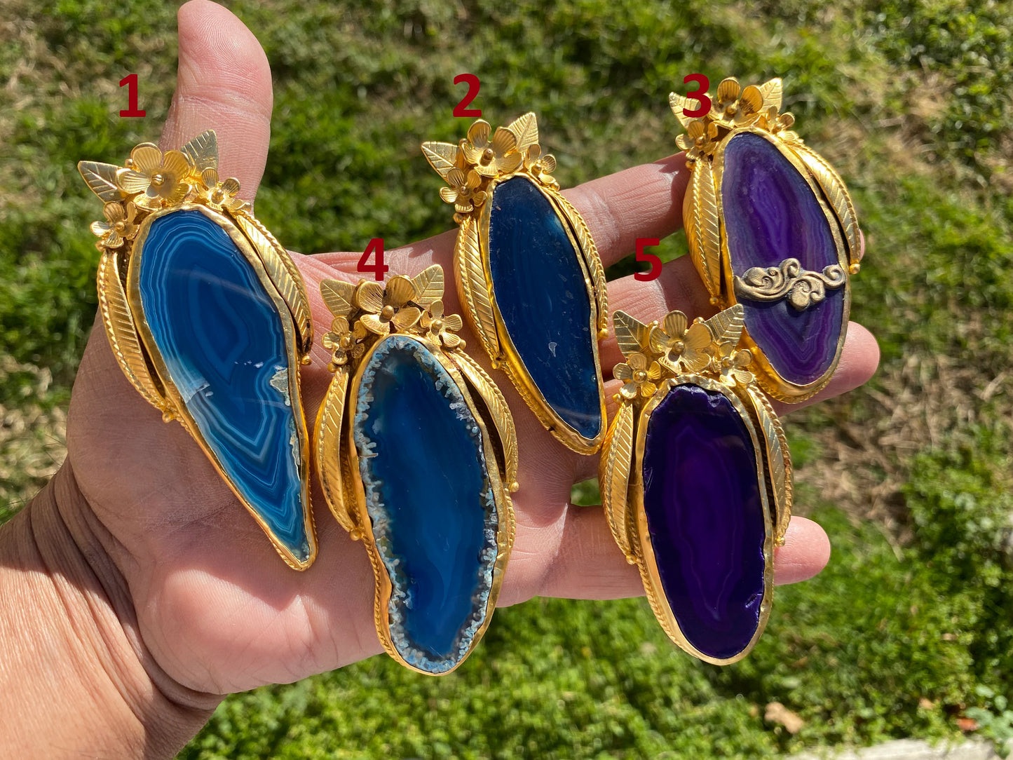 Long Colorful Slice Agate Pendant, 18K Brushed Gold Overlay, Flower Design Pendant For Necklace, Healing Crystal Jewelry, Druzy Agate Slice