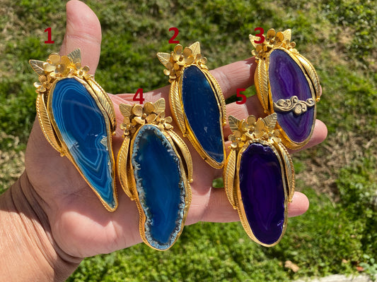 Long Colorful Slice Agate Pendant, 18K Brushed Gold Overlay, Flower Design Pendant For Necklace, Healing Crystal Jewelry, Druzy Agate Slice