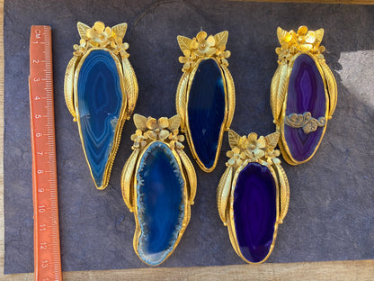 Long Colorful Slice Agate Pendant, 18K Brushed Gold Overlay, Flower Design Pendant For Necklace, Healing Crystal Jewelry, Druzy Agate Slice