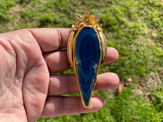 Long Colorful Slice Agate Pendant, 18K Brushed Gold Overlay, Flower Design Pendant For Necklace, Healing Crystal Jewelry, Druzy Agate Slice