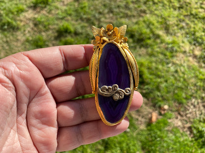 Long Colorful Slice Agate Pendant, 18K Brushed Gold Overlay, Flower Design Pendant For Necklace, Healing Crystal Jewelry, Druzy Agate Slice