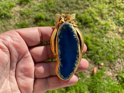 Long Colorful Slice Agate Pendant, 18K Brushed Gold Overlay, Flower Design Pendant For Necklace, Healing Crystal Jewelry, Druzy Agate Slice
