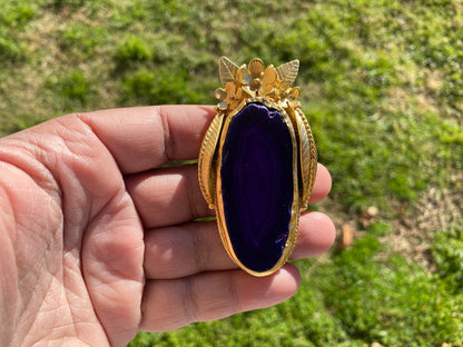 Long Colorful Slice Agate Pendant, 18K Brushed Gold Overlay, Flower Design Pendant For Necklace, Healing Crystal Jewelry, Druzy Agate Slice
