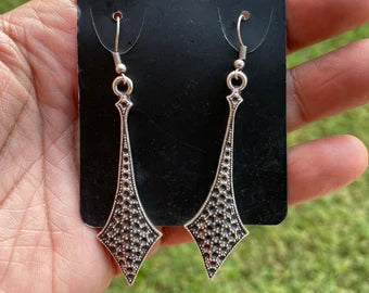 Long Elegant Matte Silver Plated Lead & Nickel Free Turkish Design Earrings, Dangle Earrings, Ancient Gypsy Earring, Light Weight, Bohemian