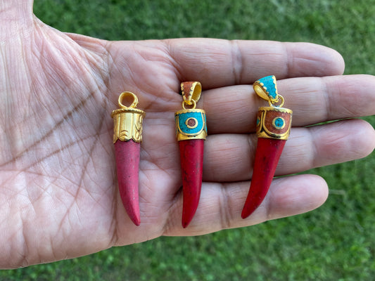 Long Howlite Coral Color High Quality 18K Brushed Gold Overlay Non Tarnish Small Pendant, For Chain Necklace, Coral and Turquoise Inlayed