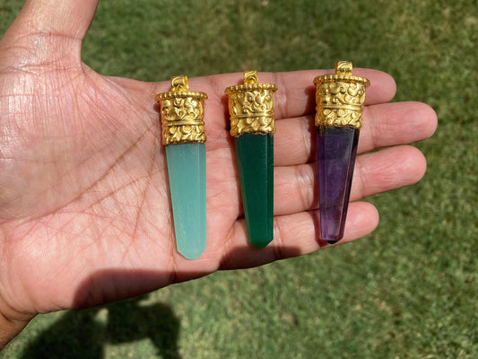 Long Hydro Quartz Pendant, 18K Matte Gold Overlay, Gemstone Pendant, Aqua/Green/Purple Color Pendant, Handmade Jewelry From Nepal, Bohemian